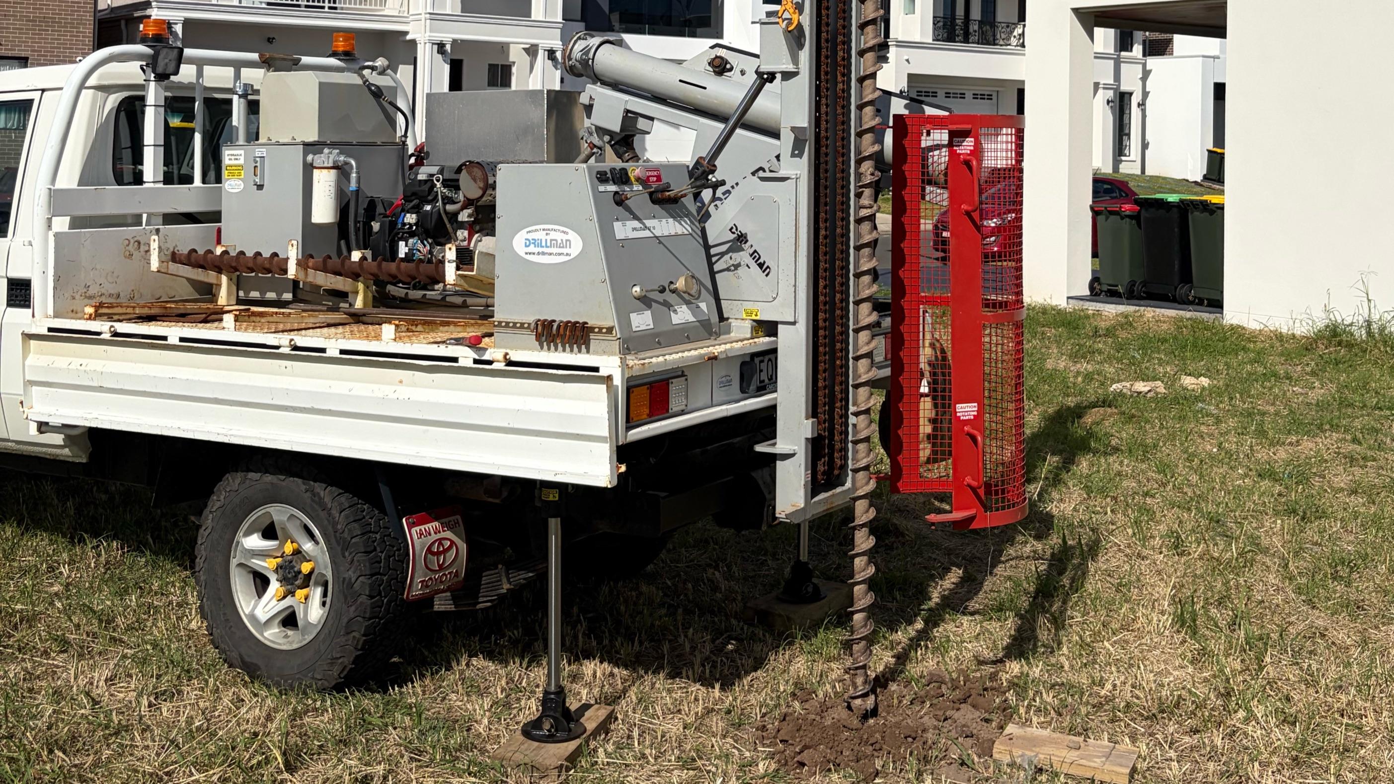 Geotechnical drilling rig (Toyota Land Cruiser) on a Sydney Metro site Toyota Land Cruiser Drillman rig geotechnical drilling Sydney Metro